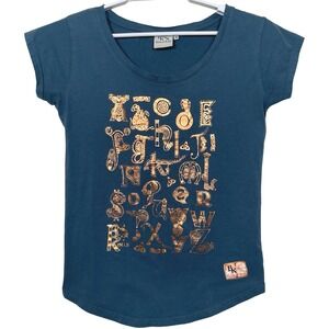 Book of Kells Womens Teal Alphabet Celtic Knot Graphic T Shirt M Patrick Francis